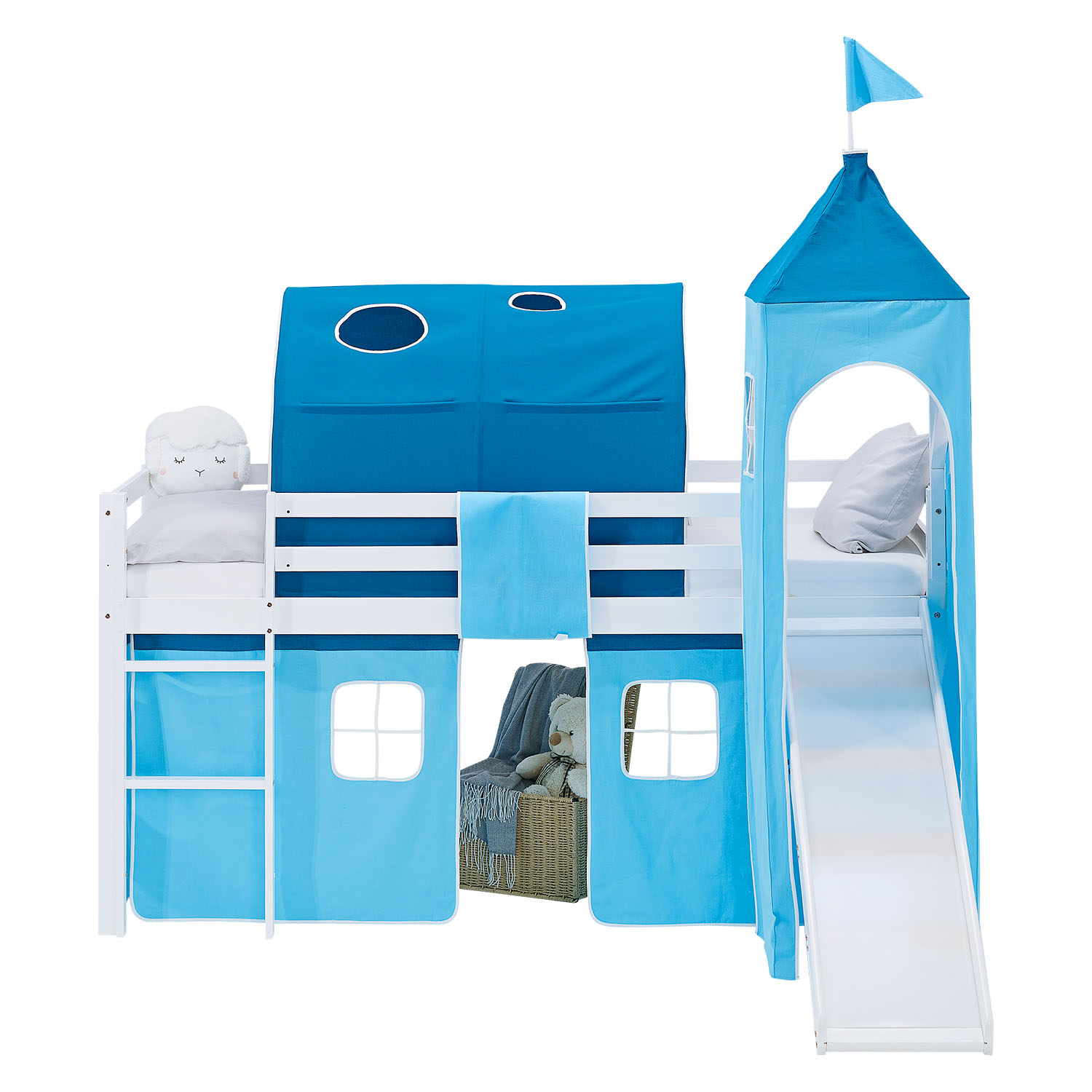 Kinderhochbett in Blau mit Elementen aus Kiefernholz, Lattenrost, Matratze, Rutsche, Spielturm, Spieltunnel und Spielvorhang. Das weiße Hochbett ist mit Matratze und Kissen vor weißem Hintergrund abgebildet. Sichtbar sind eine Leiter, seitliche Schutzgitt