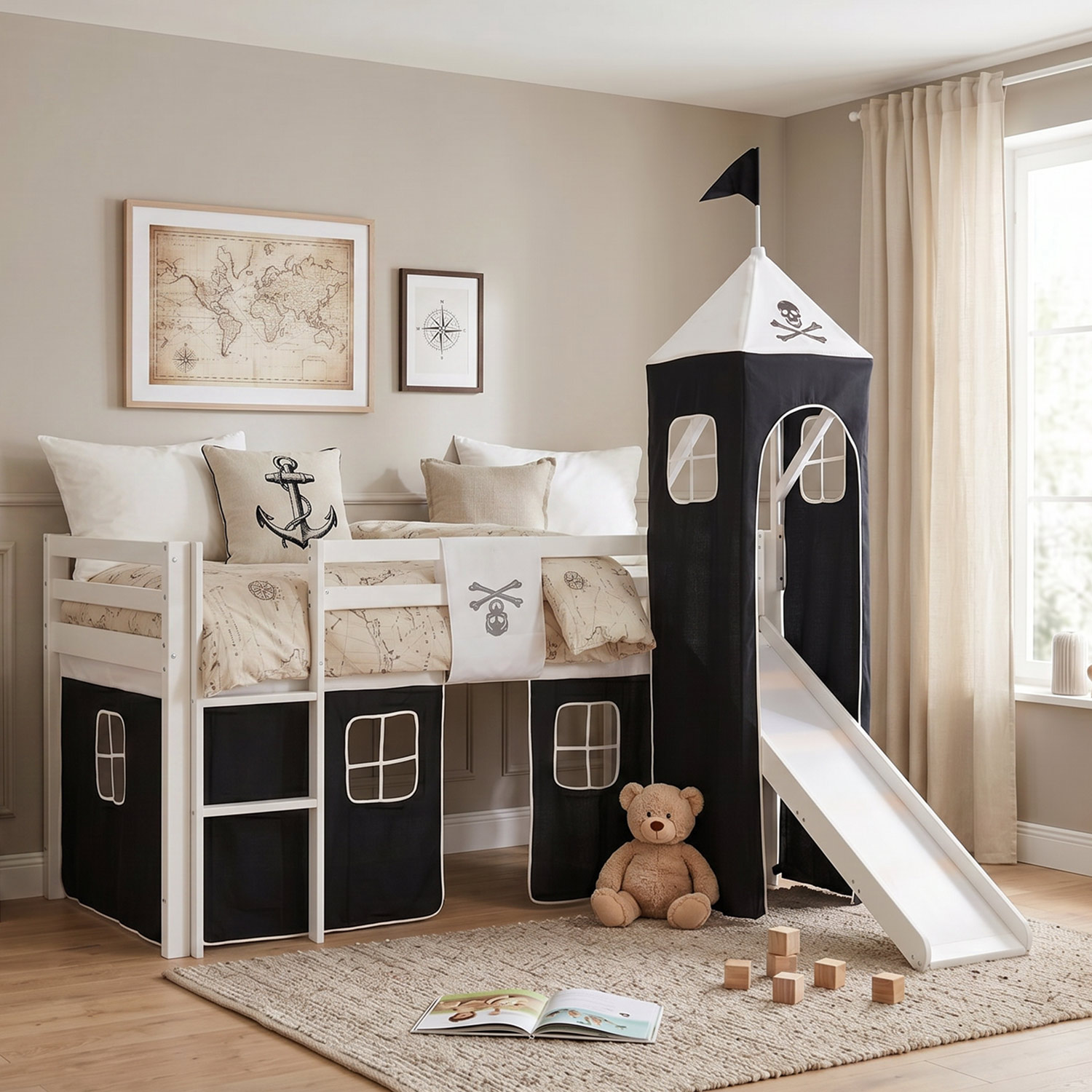 Children's Loft Bed 90x200 cm White with Black Curtain | Slide | Tower | With Slatted Base | With Mattress | Pirate | Boy