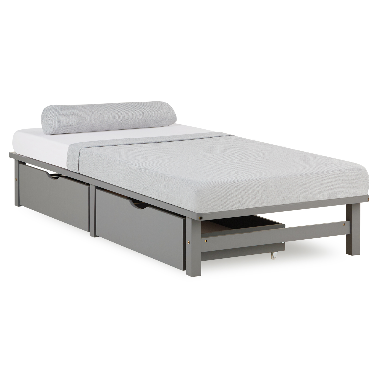 Pallet Bed 90x200 cm Gray with Drawers & Slatted Base – Solid Wood Single Bed with Storage