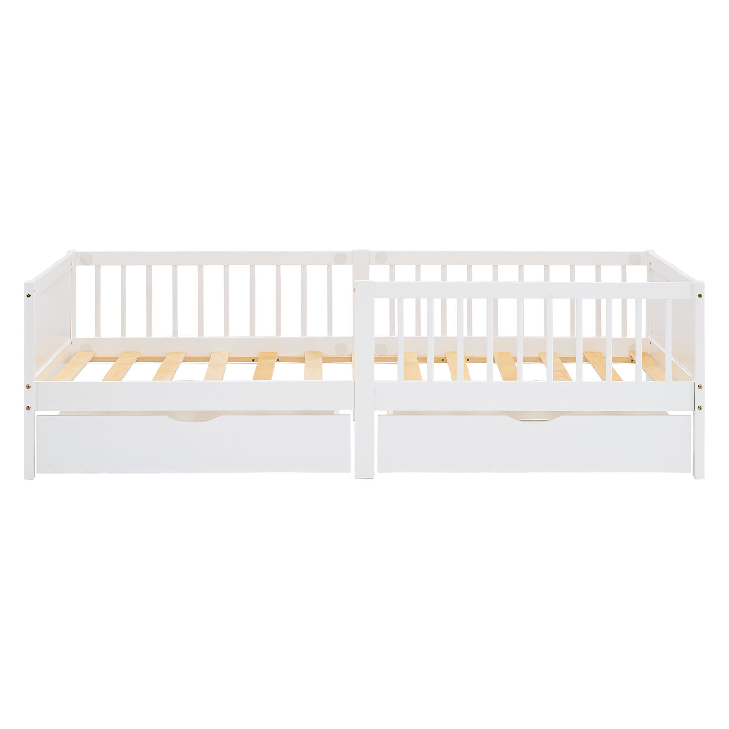 Children's Bed 90x200 cm White Natural | Wooden bed with 2 drawers | Single Bed | with Slatted Frame | Fall Protection