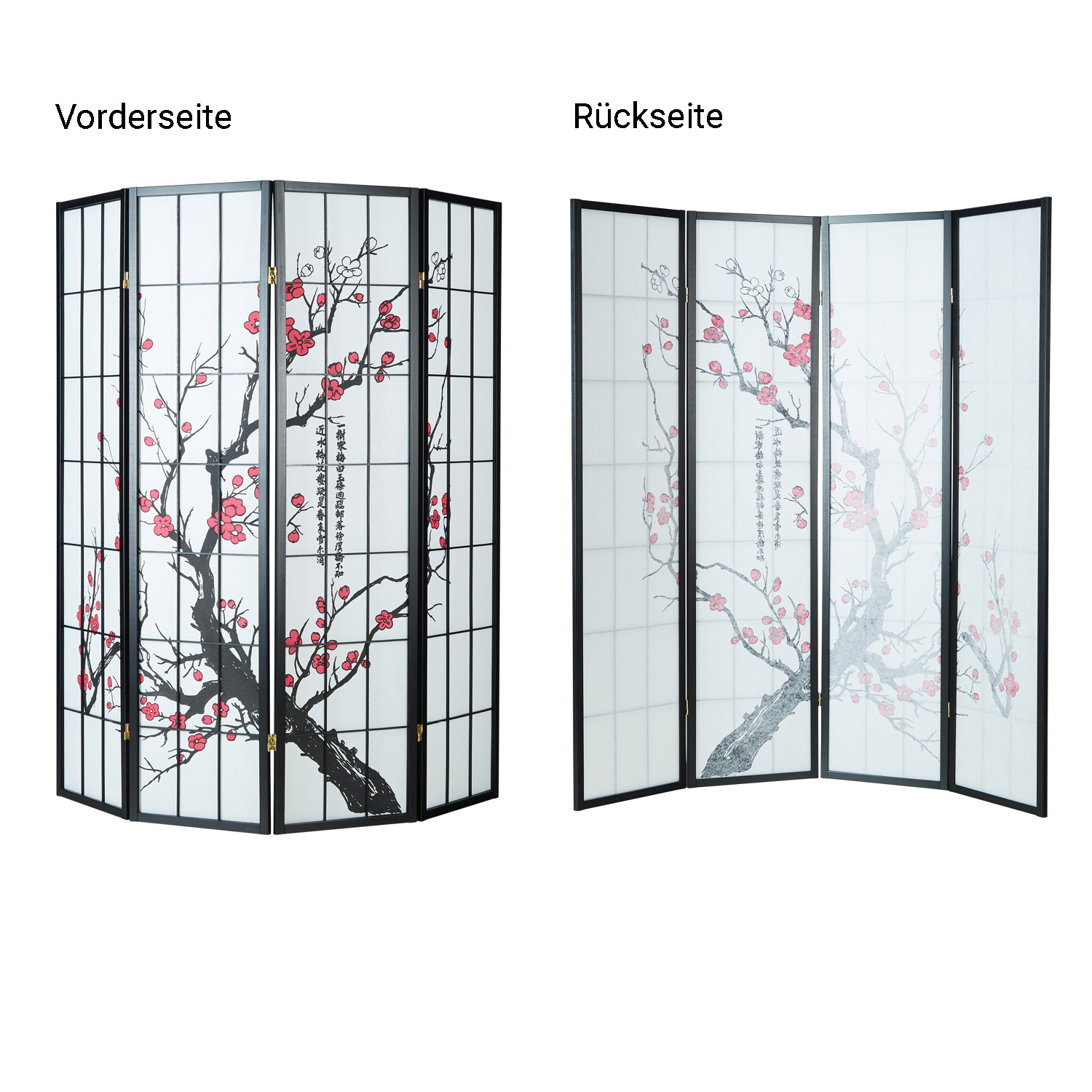 Paravent room divider 3 4 5 parts, wood black, rice paper white, cherry pattern