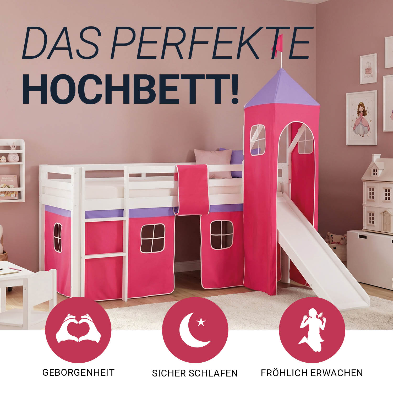Children's Loft Bed 90x200 cm White with Pink Curtain | Tower | Slide | Without Slatted Base