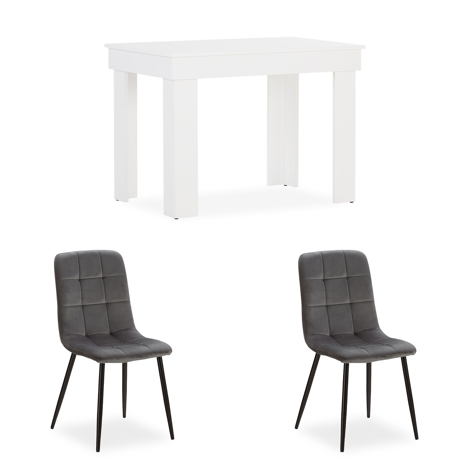 Modern Dining Table White 90x60 cm with 2 Grey Velvet Chairs Dining Room Table Wooden Table