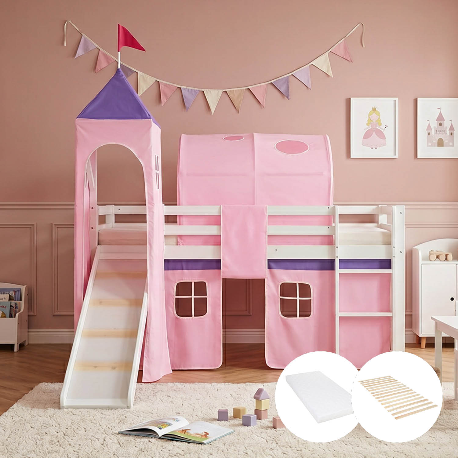 Children's Loft Bed 90x200 cm White with Pink Curtain | Slide | Tower | | Tunnel | with Slatted Base | with Mattress