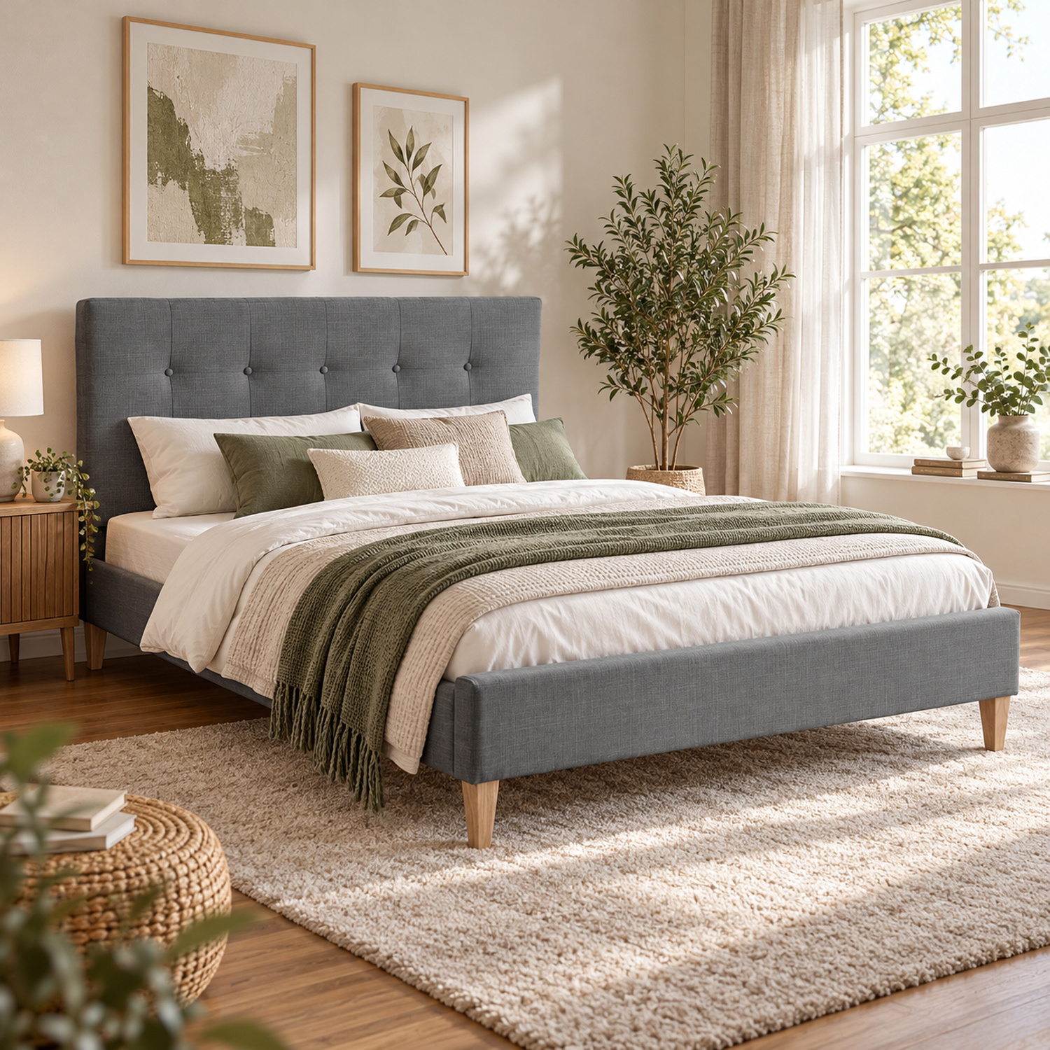 Upholstered bed 180x200 cm grey | with slatted frame | double fabric bed frame