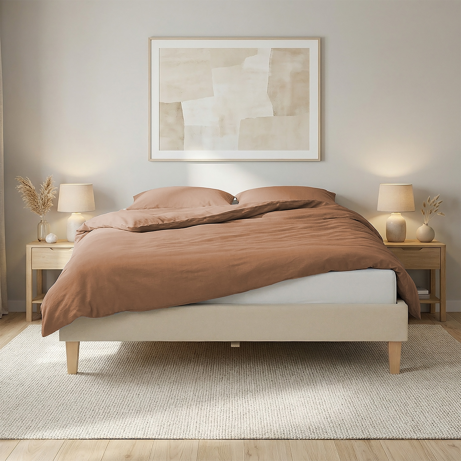 Upholstered bed 140x200 cm beige | futon bed | with slatted frame | double fabric bed frame