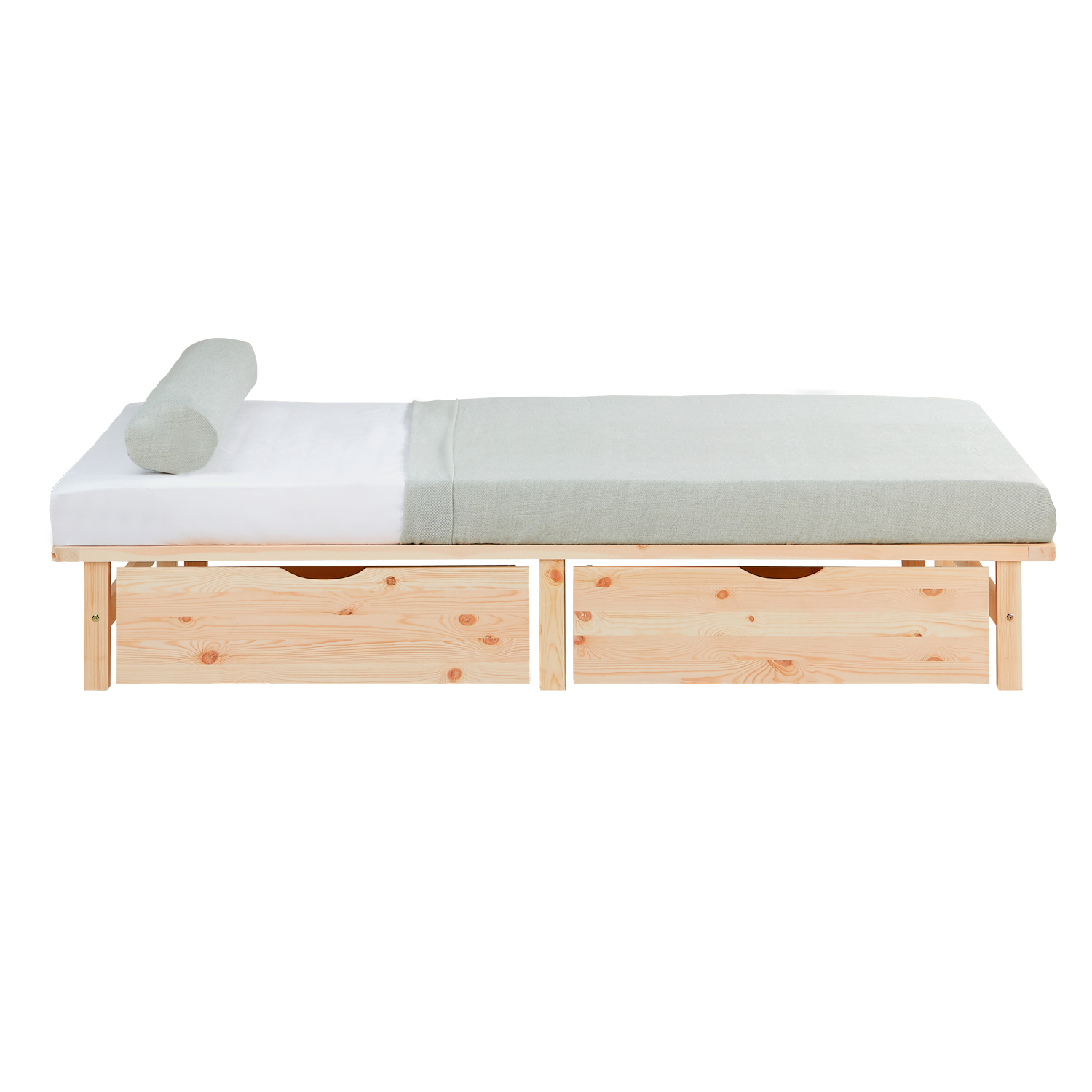Einzelbett mit Holzelementen, Matratze und Stauraum. Das niedrige Bett ist mit einer Matratze und einer länglichen Polsterrolle vor weißem Hintergrund abgebildet. Die offenen Rahmenseiten und die Beine sind sichtbar. Unter der Liegefläche sind zwei Bettkä