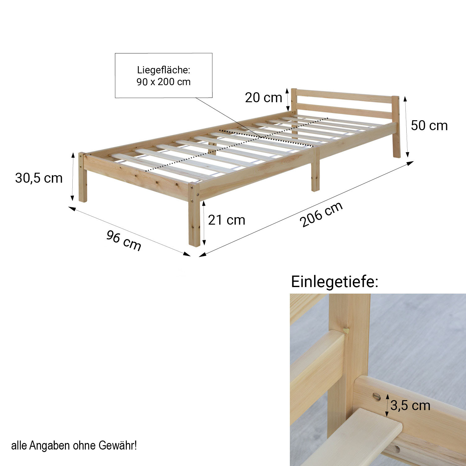 Wood Bed 90x200 cm Natural | Single Bed | with Slatted Frame | Kids Youth Guest Bedroom