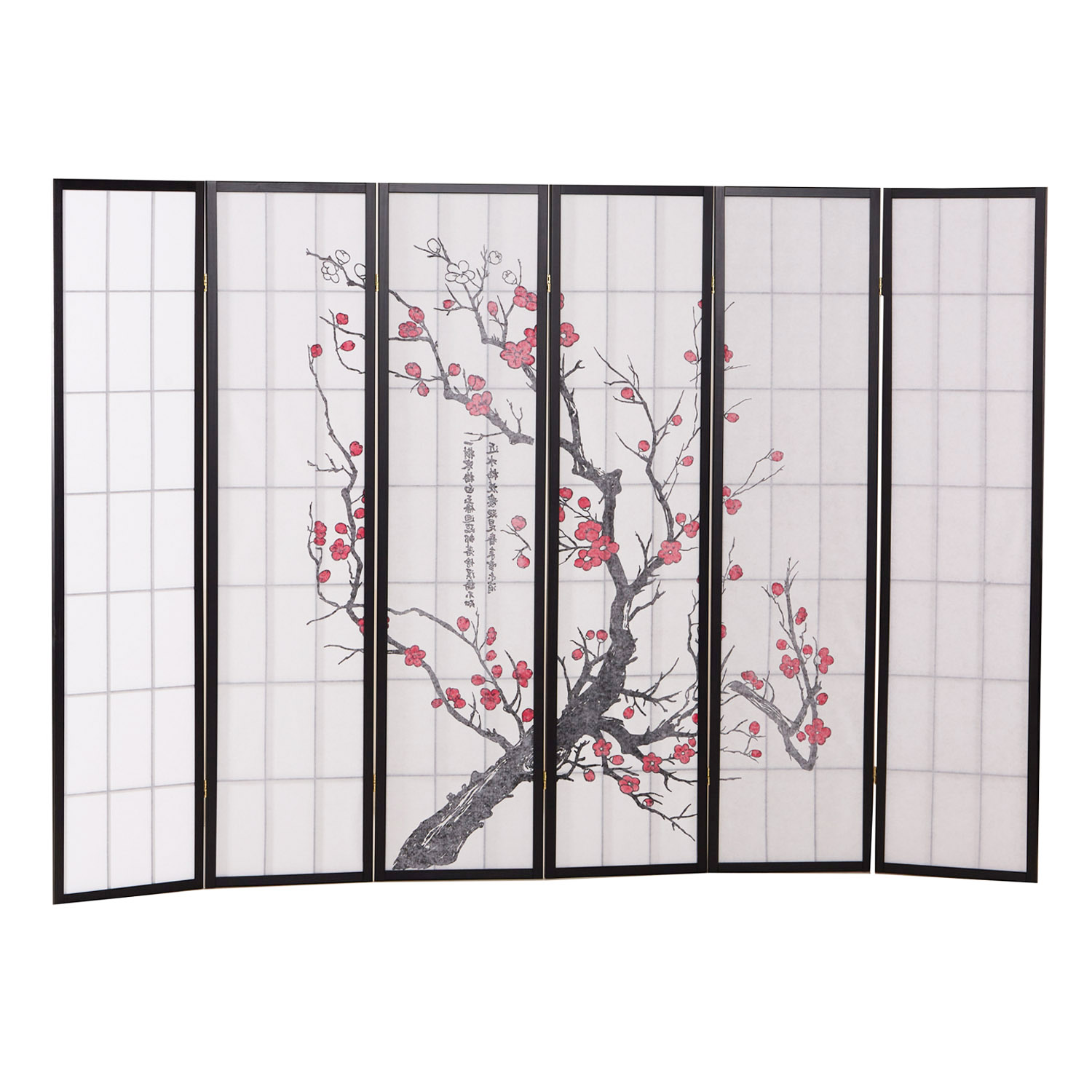 Paravent Black Cherry Pattern | Rice Paper White | 6-panel | Wood | Room Divider Partition Privacy Screen