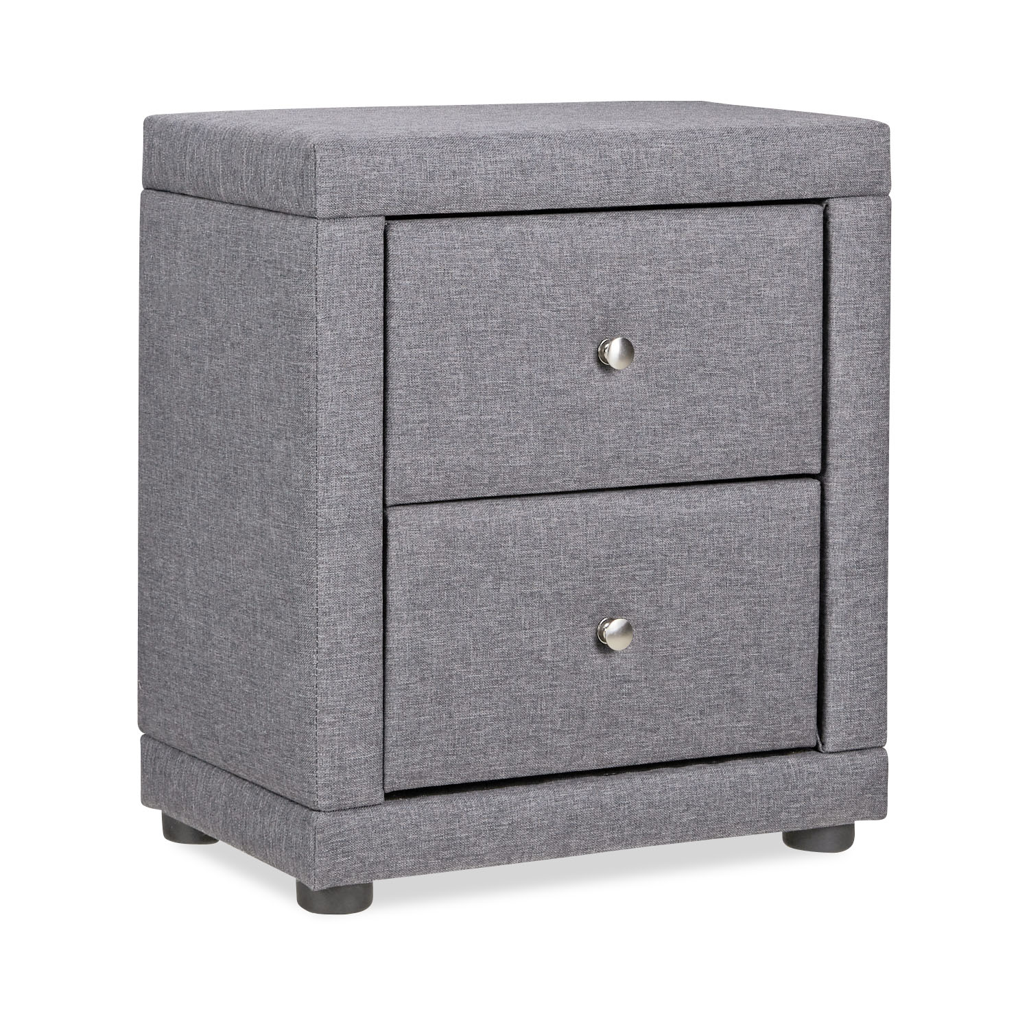 Modern bedside table with two drawers, fully upholstered in dark grey fabric, featuring round metal handles and short black feet.