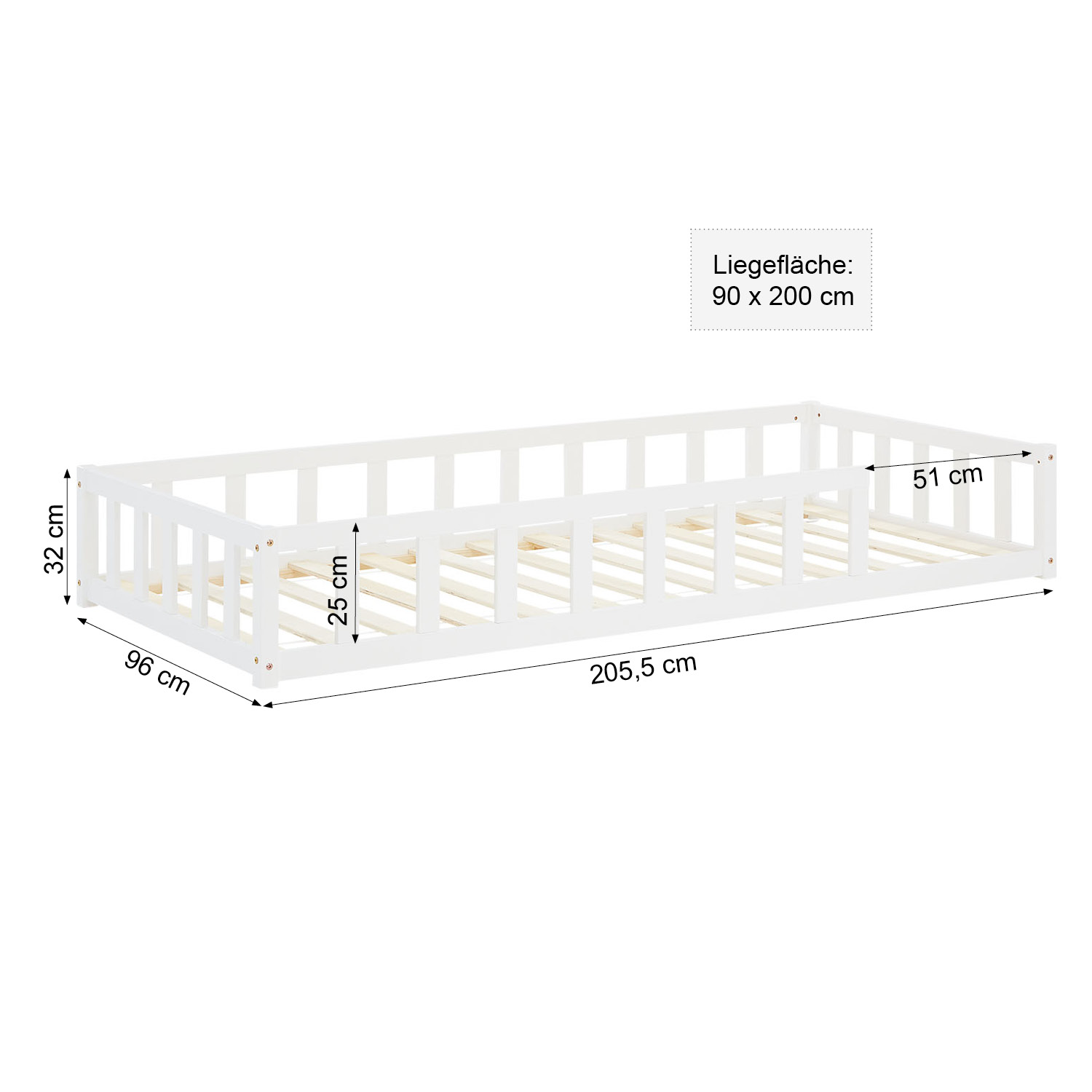 Children's Bed 90x200 White | Floor Bed with Mattress & Slatted Frame | with Fall Protection | Montessori