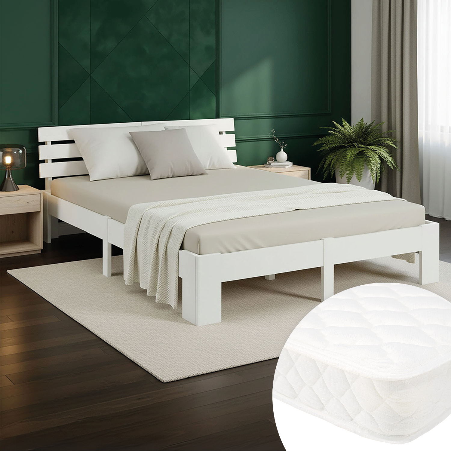 Wood Bed 140x200 cm White | Double Bed | with Spring Mattress | Solid | Youth Guest Bedroom