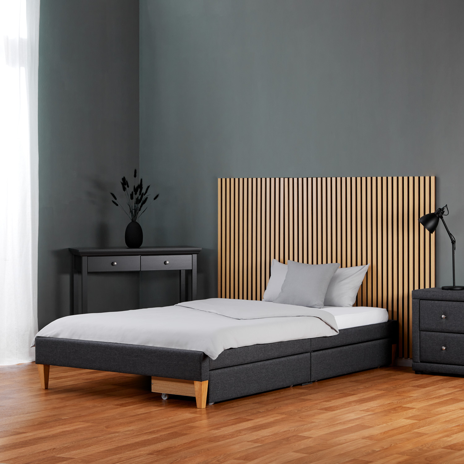 Upholstered Bed with Mattress 140x200 cm 2 Drawers Slatts Grey Fabric Bed Double Bed Futon Bed Frame Platform Bed