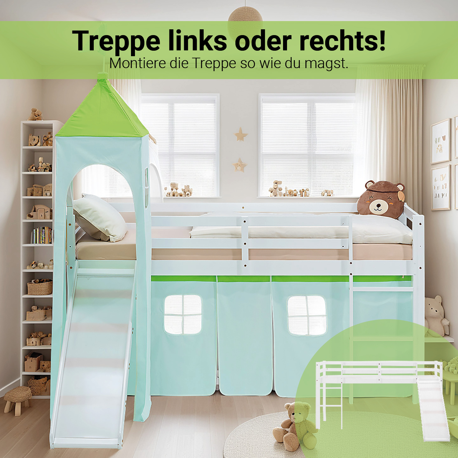 Loft Bed for Kids 90x200 cm White with Curtain in Green | Slide | Tower | with Slatted Frame and Mattress