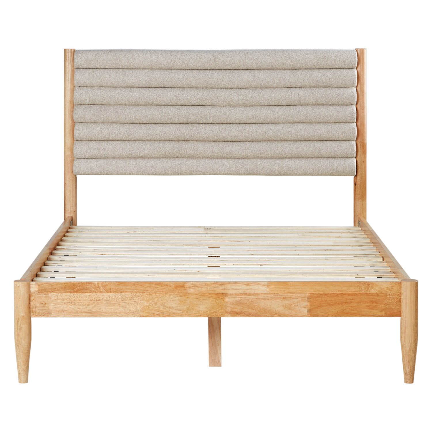 Wooden Bed 140x200 cm, Oak with Upholstered Headboard in Beige Bouclé, Includes Slatted Base & Mattress