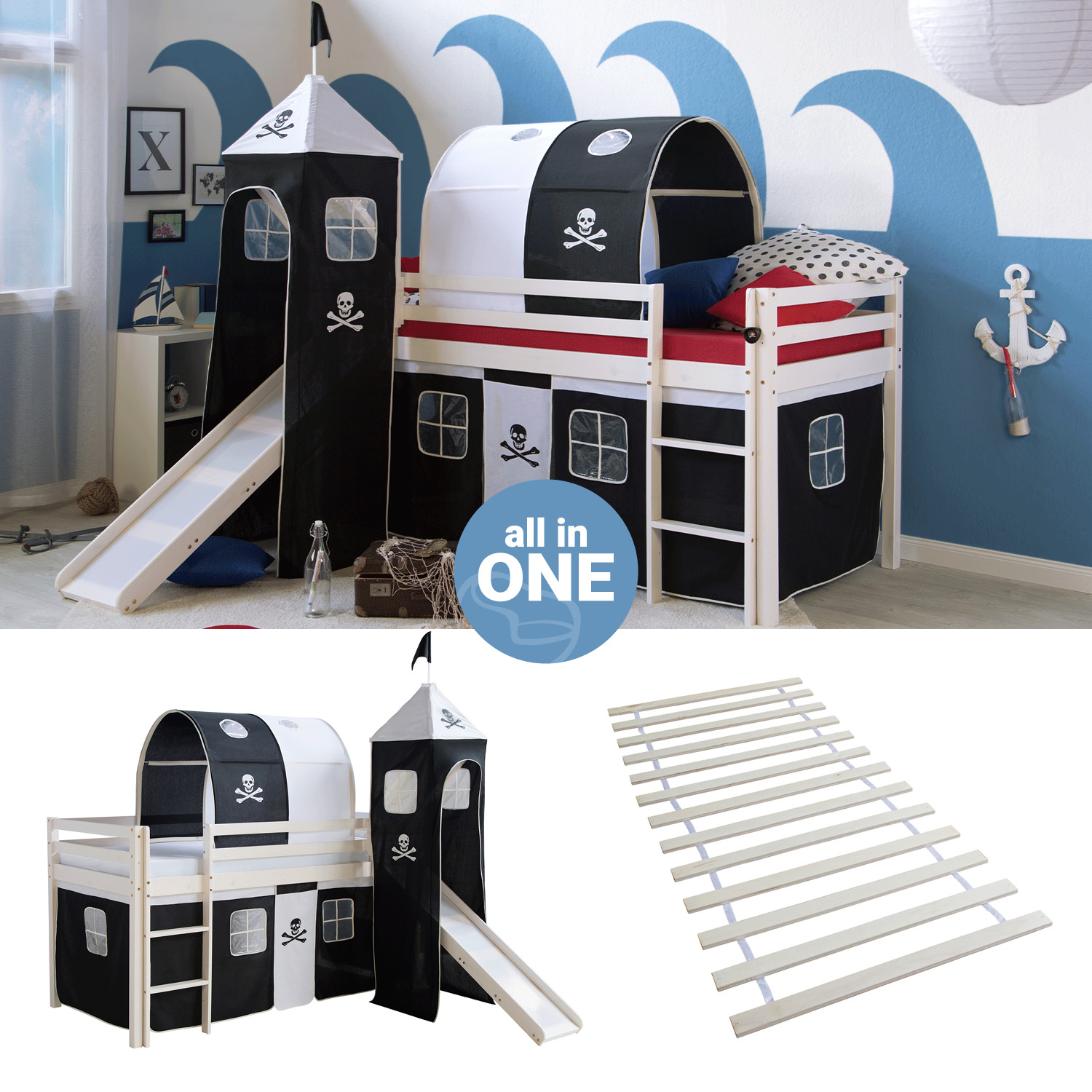 Loft Bed Kids 90x200 cm White with Curtain in Black | Tunnel | Tower | Slide | with Slatted Frame