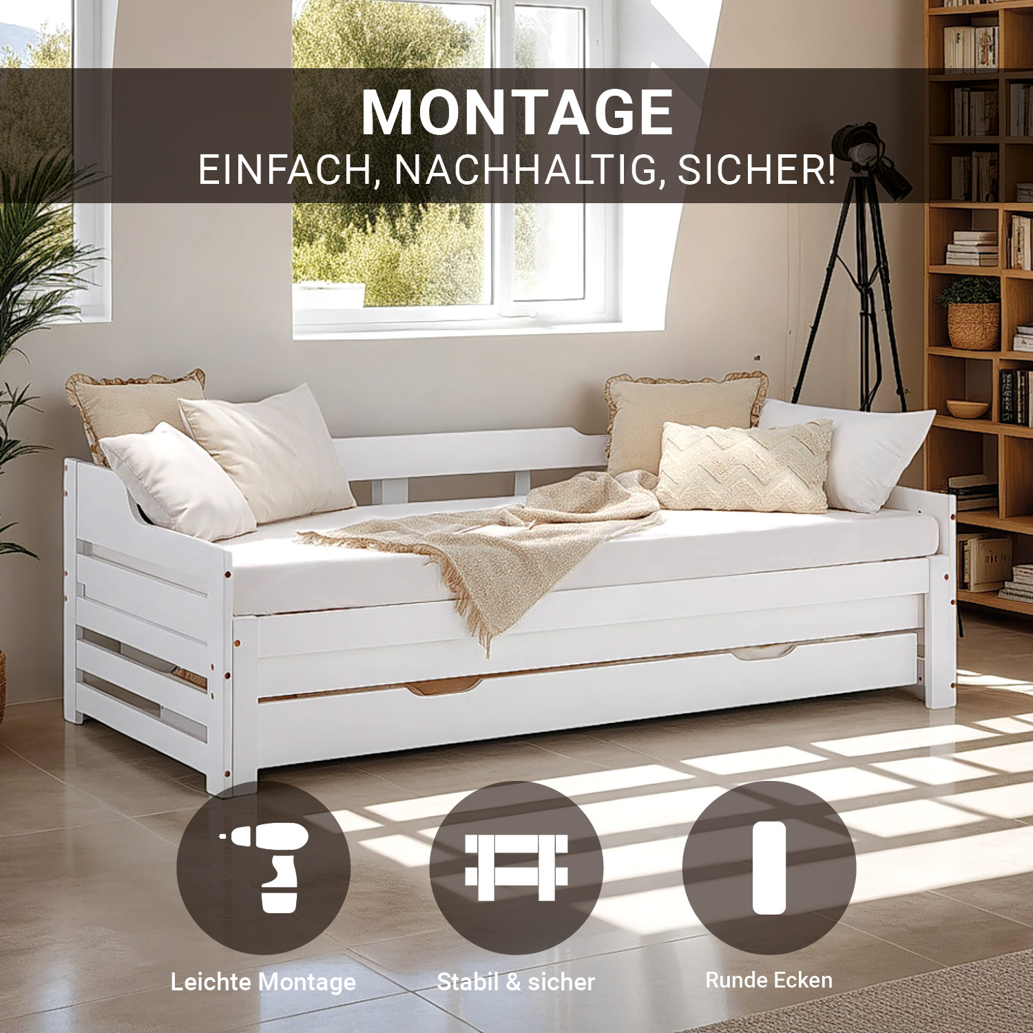 Gästebett Holzbett 90x200 cm Weiß Stauraum Tagesbett ausziehbar Jugendbett Ausziehbett Bett mit Bettkasten Matratze