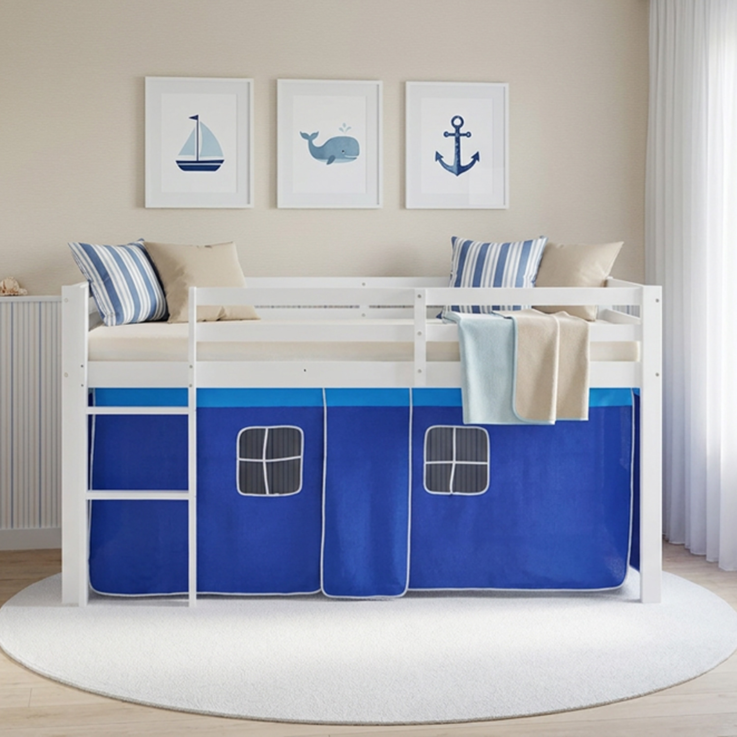 Children's loft bed, 90x200 cm, white with blue curtain | without slatted frame