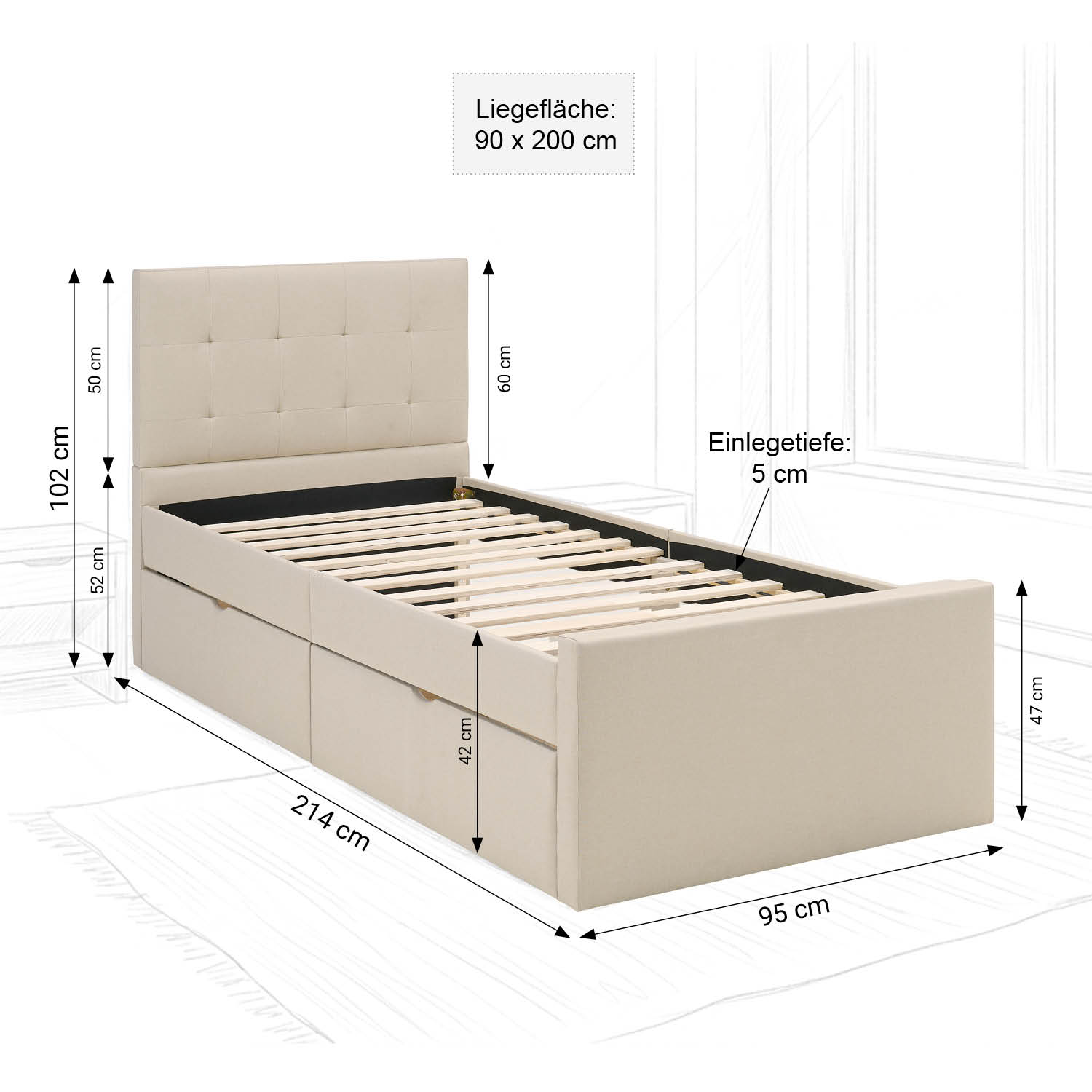 Upholstered bed 90x200 cm beige | with slatted frame | with 2 bed drawers | single fabric bed frame