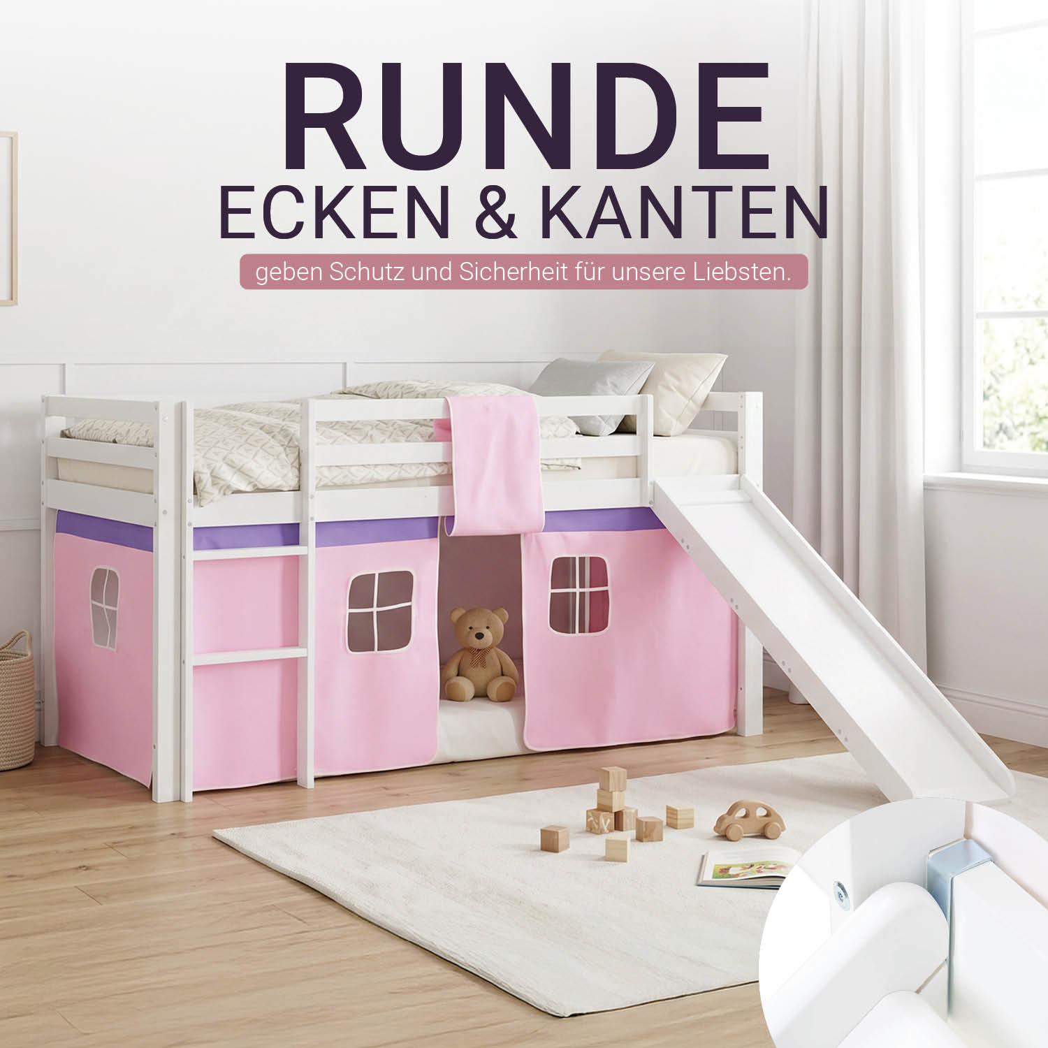 Children's Loft Bed 90x200 cm White with Pink Curtain | Slide | Includes Slatted Base | Includes Mattress