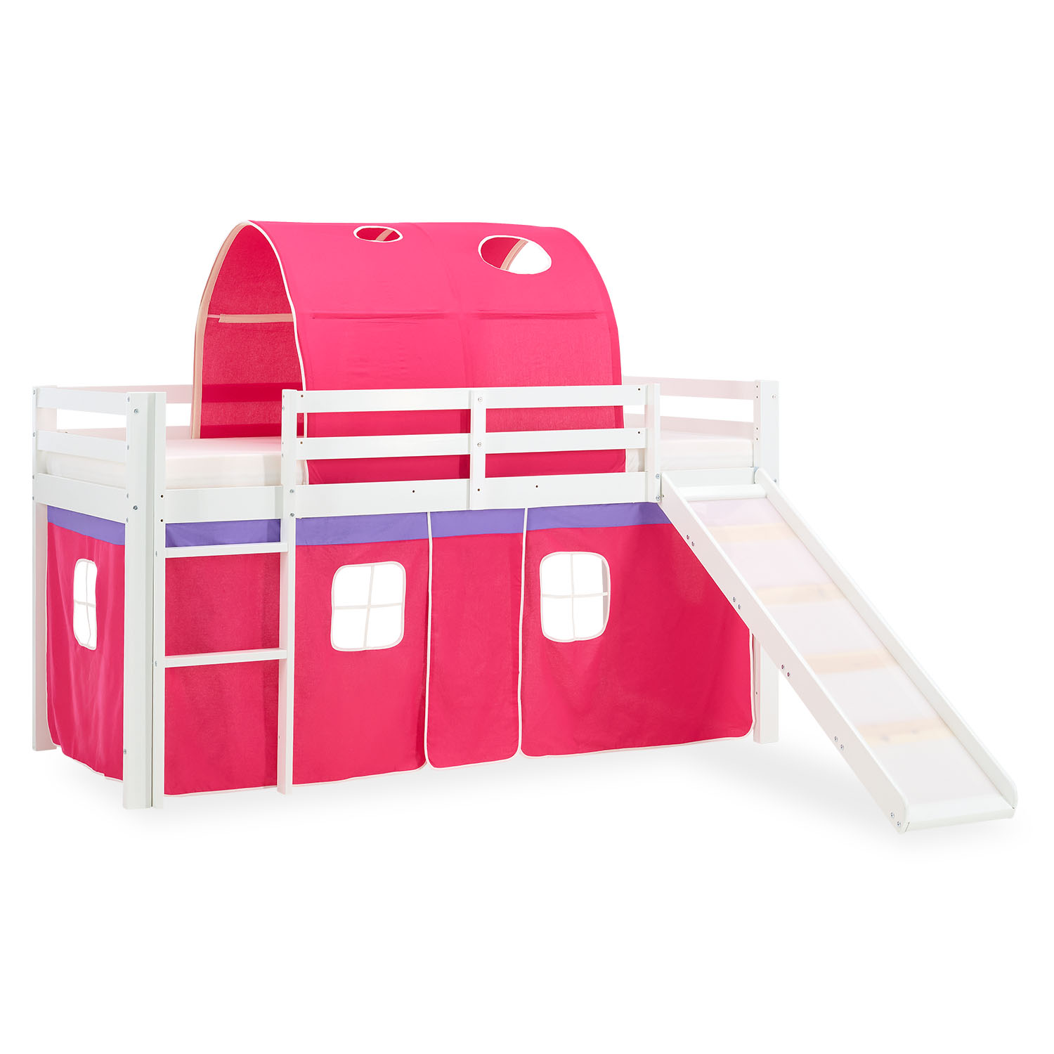 Children's Loft Bed 90x200 cm White with Pink Curtain | Tunnel | Slide | Includes Slatted Base | Includes Mattress