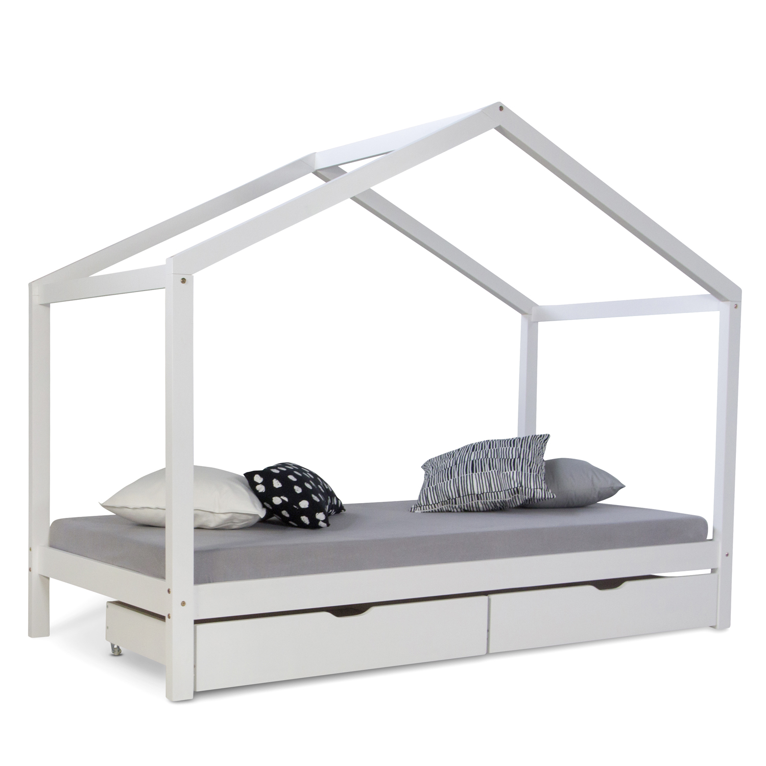 Children's Bed 90x200 cm White | House Bed with Drawers | Single Bed | with Slatted Frame | Wood