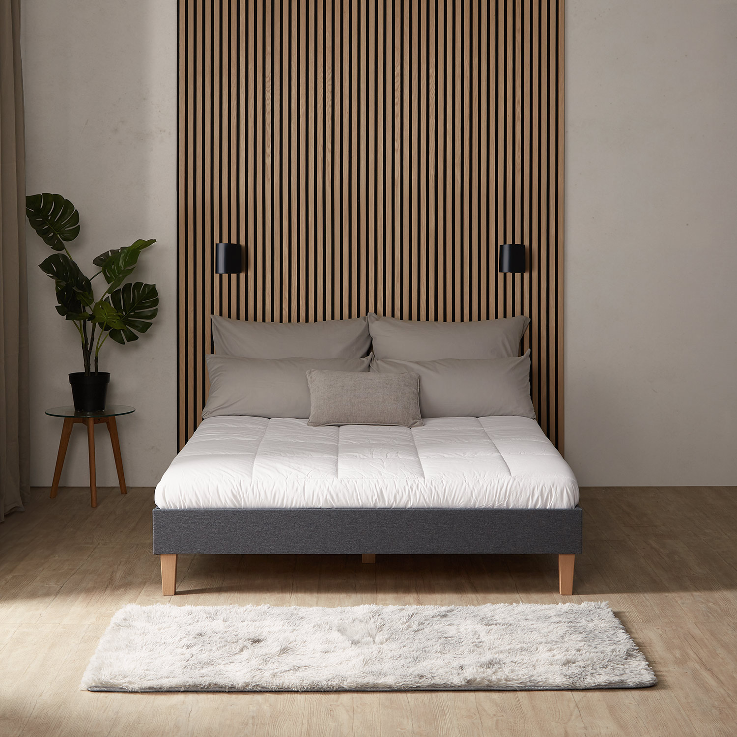 Upholstered bed 140x200 cm grey | futon bed | with slatted frame | double fabric bed frame