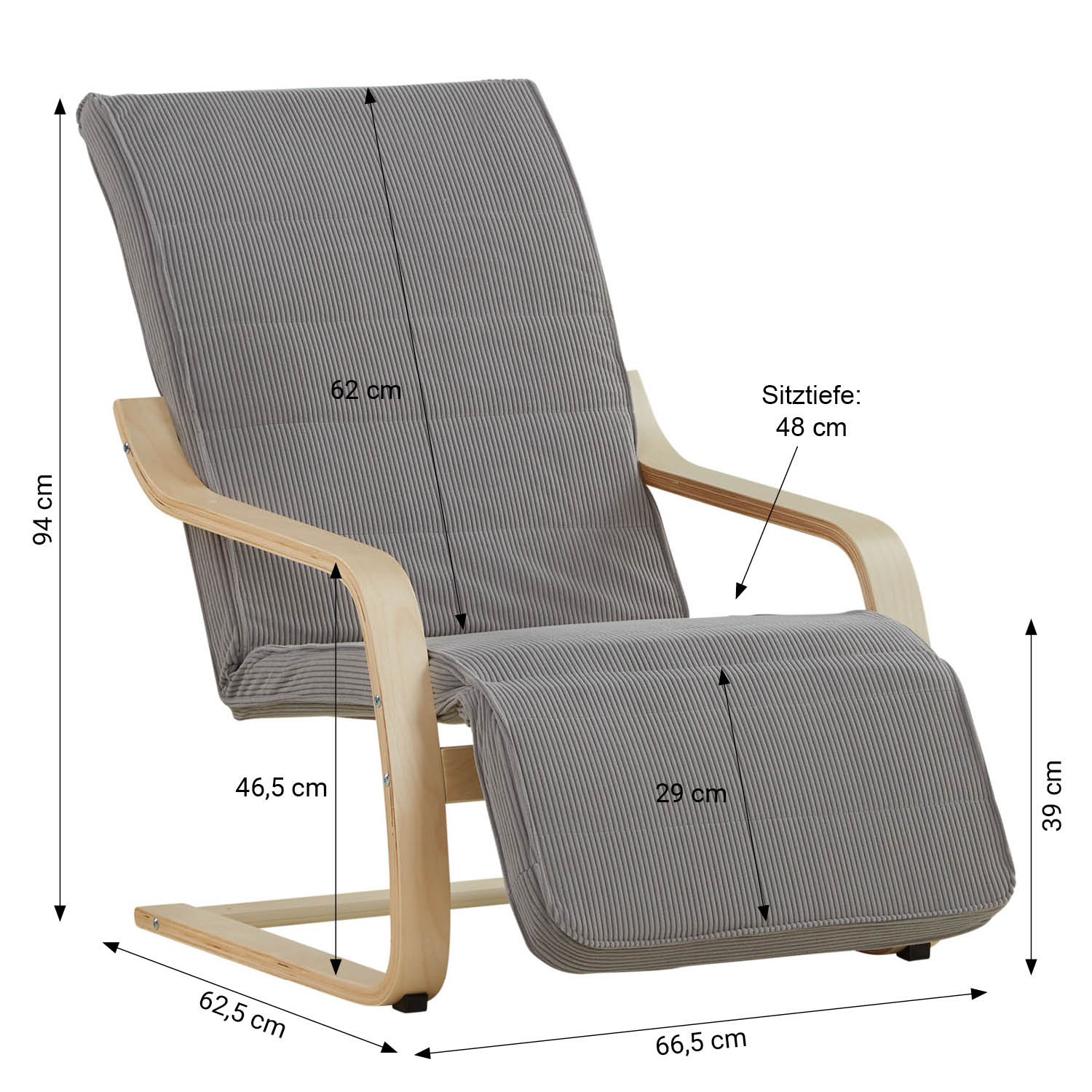 Relaxsessel Cord Dunkelgrau | with Footrest | Natural Wood | Glider Rocking Chair Nursing Chair Recliner