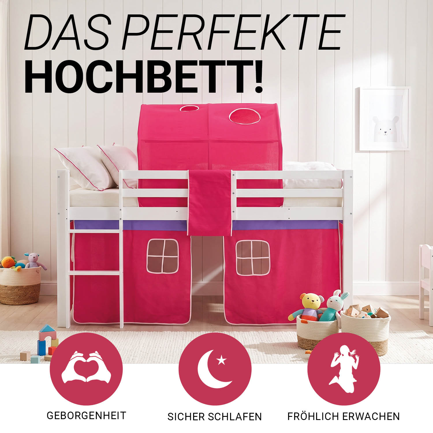 Loft Bed Kids 90x200 cm White with Curtain in Pink | Tunnel | without Slatted Frame