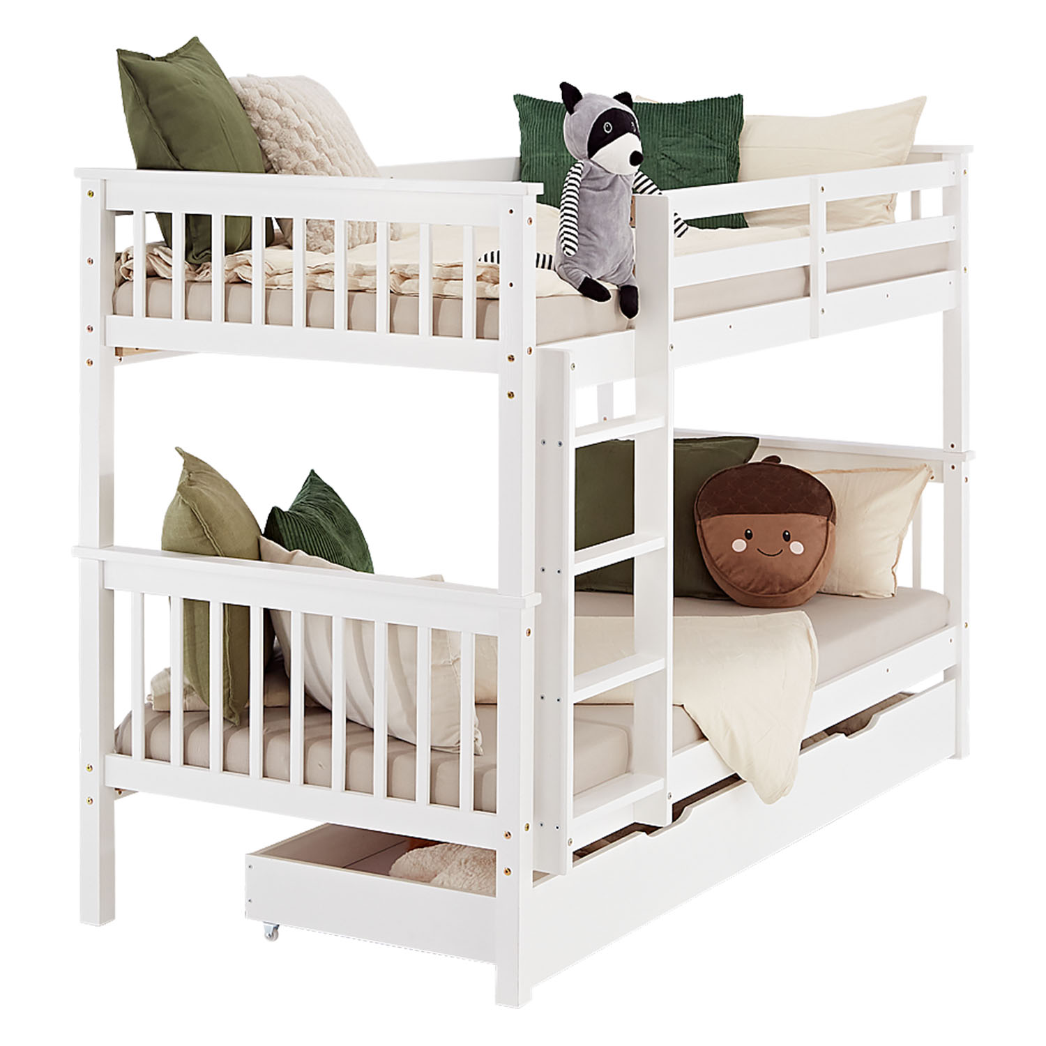 Bunk Bed 90x200 cm White | Kids Bed with Mattress | Storage | Fall Protection | Convertible | Massif pine wood