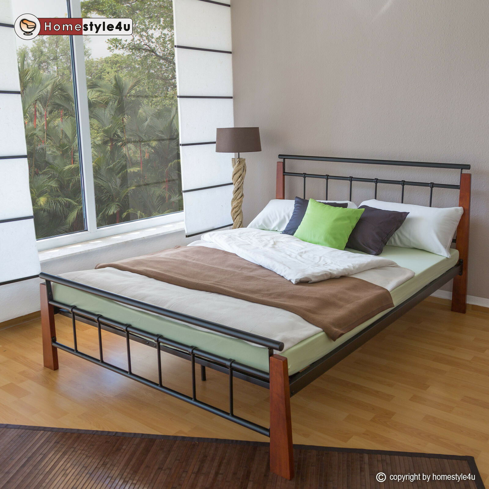 Metal Bed Iron Bed Double 160 x 200 Wood Slatted black brown bed frame 5072