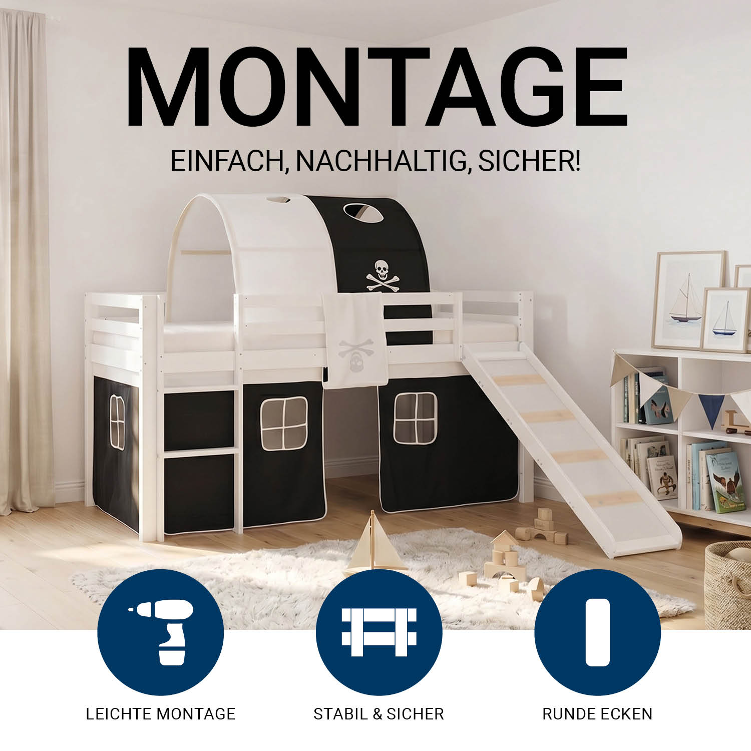 Children's Loft Bed 90x200 cm White with Black Curtain | Slide | Includes Slatted Base | Includes Mattress | Pirate | For Boys