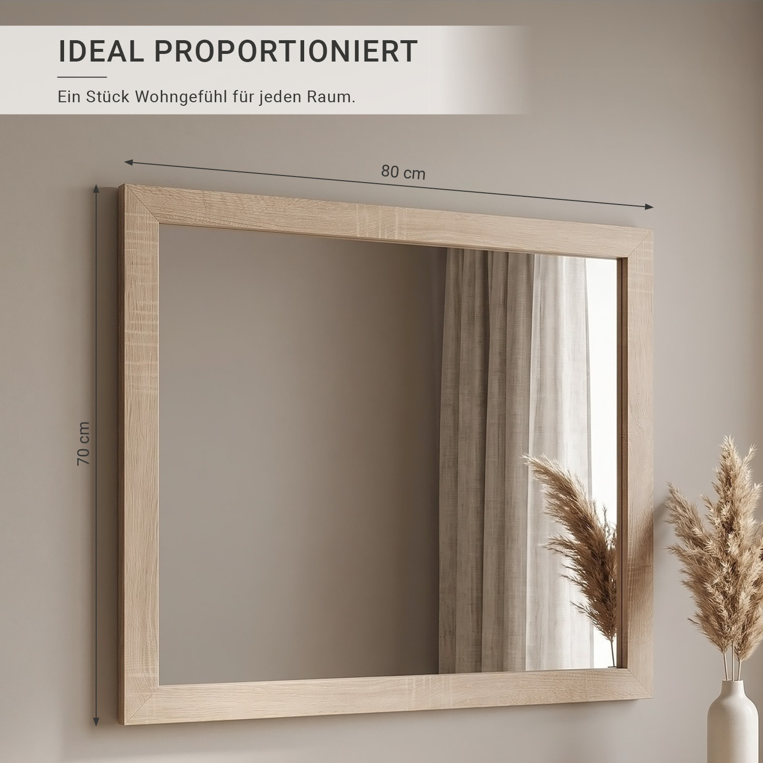 Large Rectangular Wall Mirror 80x70 cm Sonoma Oak Effect Wooden Frame Hallway Bedroom Living Room Mirror