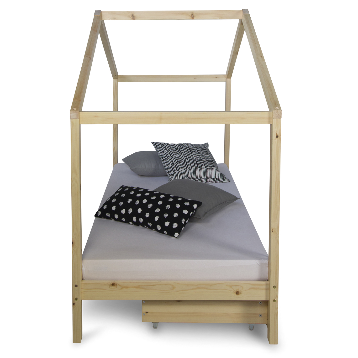 Children's Bed with mattress 90x200 House Bed Kids Bed Wooden Bed Natur Cot Drawer