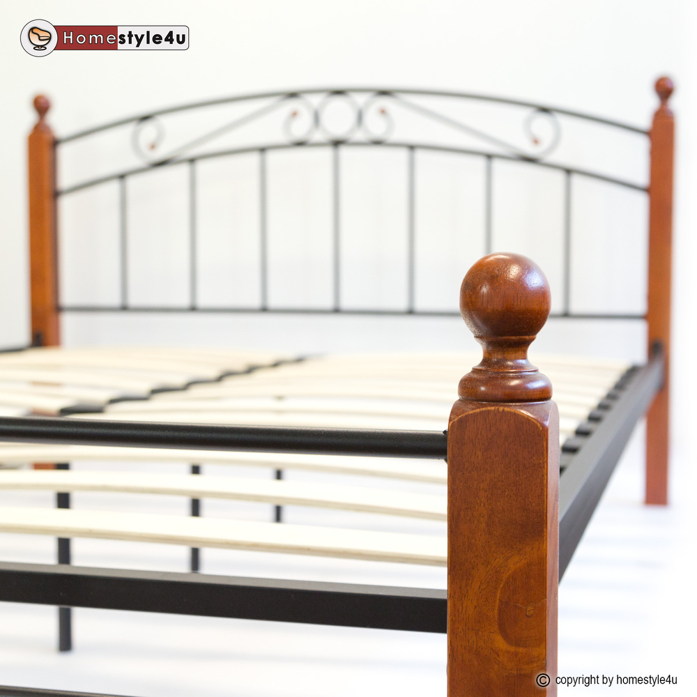 Design Iron Bed Double 180 x 200Wood Slatted black brown bed frame 916