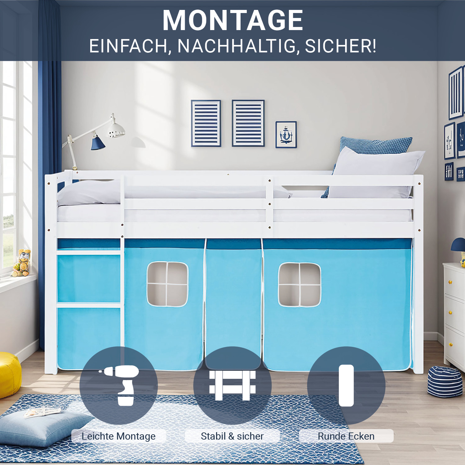 Hochbett Kinder 90x200 cm Kinderbett Kinderhochbett Stockbett Tunnel Vorhang Turm Blau Rutsche Holz Massiv Lattenrost Matratze