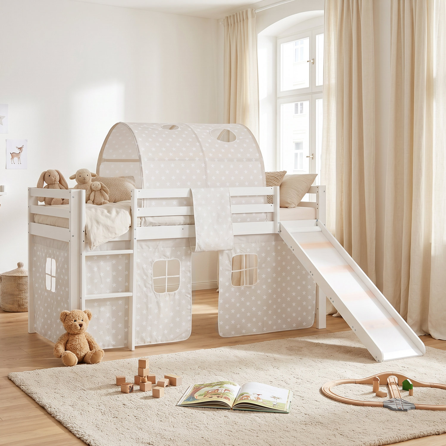 Children's Loft Bed 90x200 cm White with Star Curtain | Tunnel | Slide | Includes Slatted Base | Includes Mattress