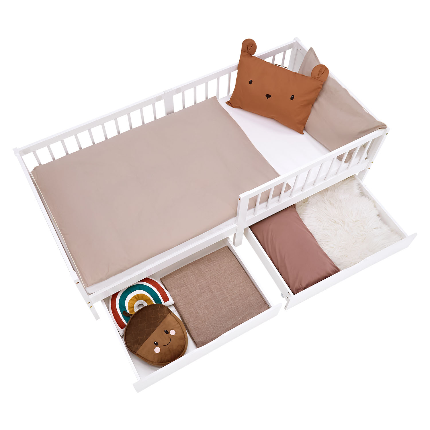 Children's Bed 90x200 cm White Natural | Wooden bed with 2 drawers | Single Bed | with Slatted Frame | Fall Protection