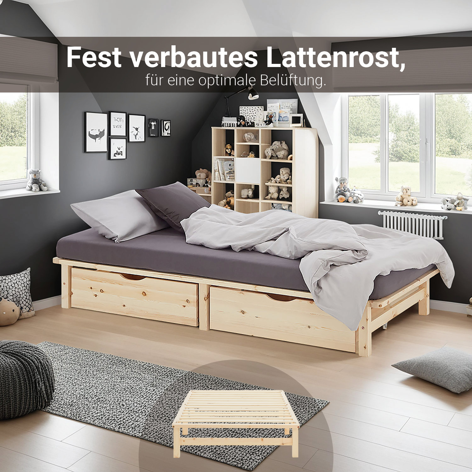 Pallet Bed 90x200 cm Natural | Single Bed with Storage Drawers | with Mattress | Wood | Kids Youth Guest Bedroom