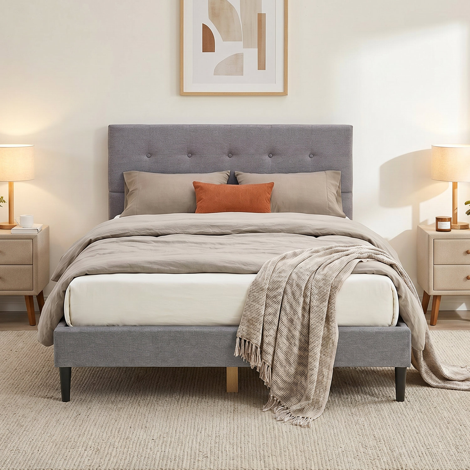 Upholstered bed 160x200 cm grey | with slatted frame | double fabric bed frame