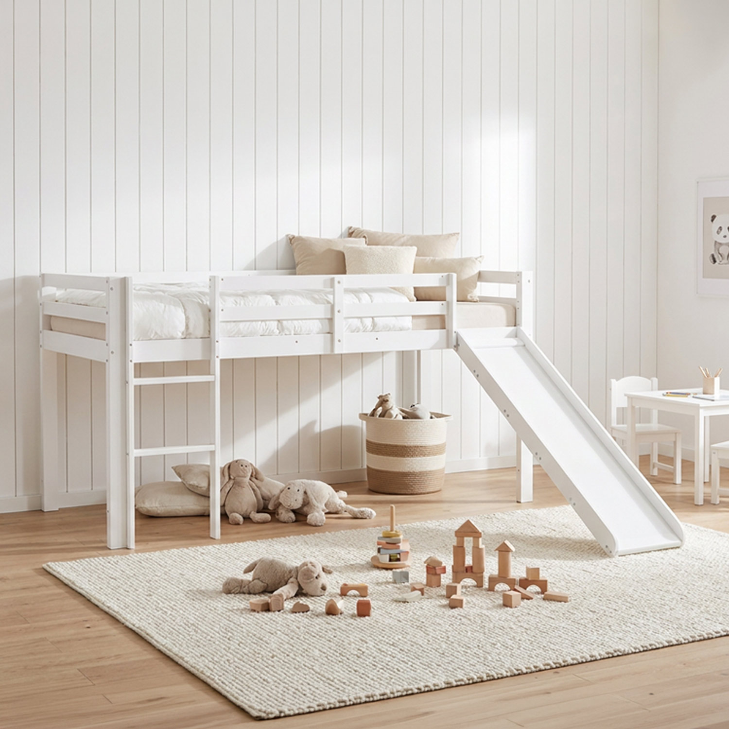 Loft Bed with Slats, Ladder and Slide 90x200 cm Children's Bed Bunk Bed High Sleeper Wood White