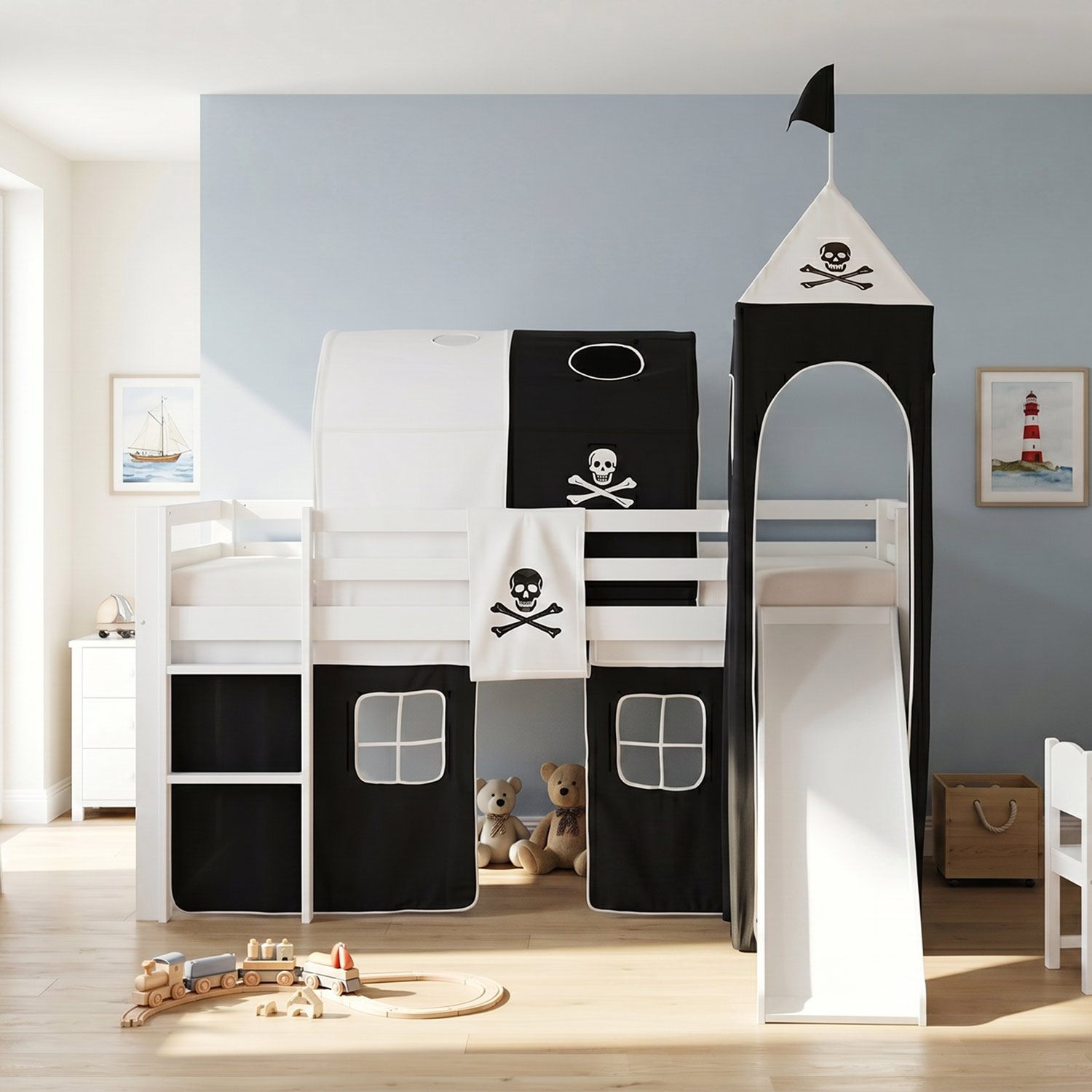 Children's Loft Bed 90x200 cm, White with Black Curtain | Tunnel | Tower | Slide | Without Slatted Base
