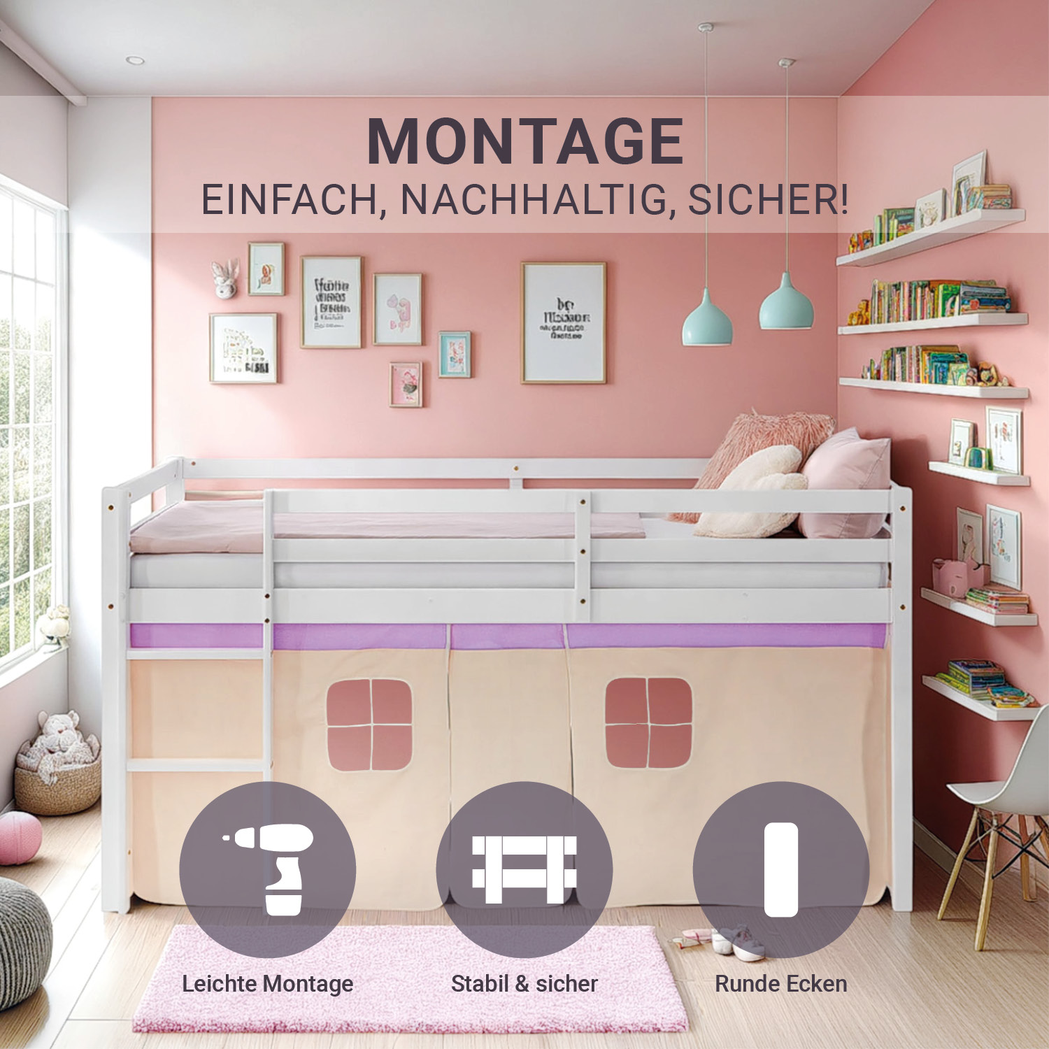 Hochbett Kinder 90x200 cm Kinderbett Kinderhochbett Stockbett Tunnel Vorhang Turm Lila Beige Rutsche Holz Massiv Lattenrost Matratze