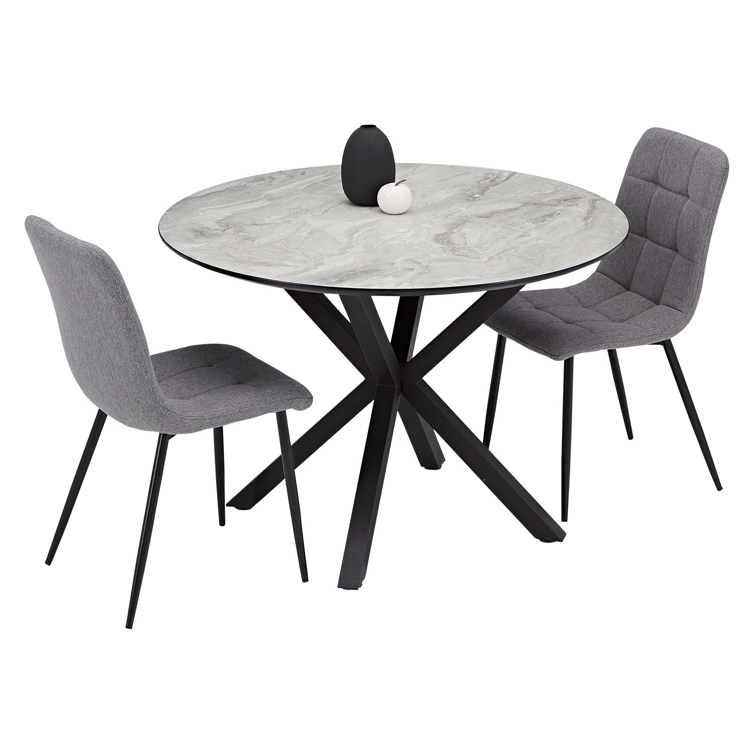 Dining set | 2-piece set upholstered chairs grey | dining table grey black metal frame round 110 cm