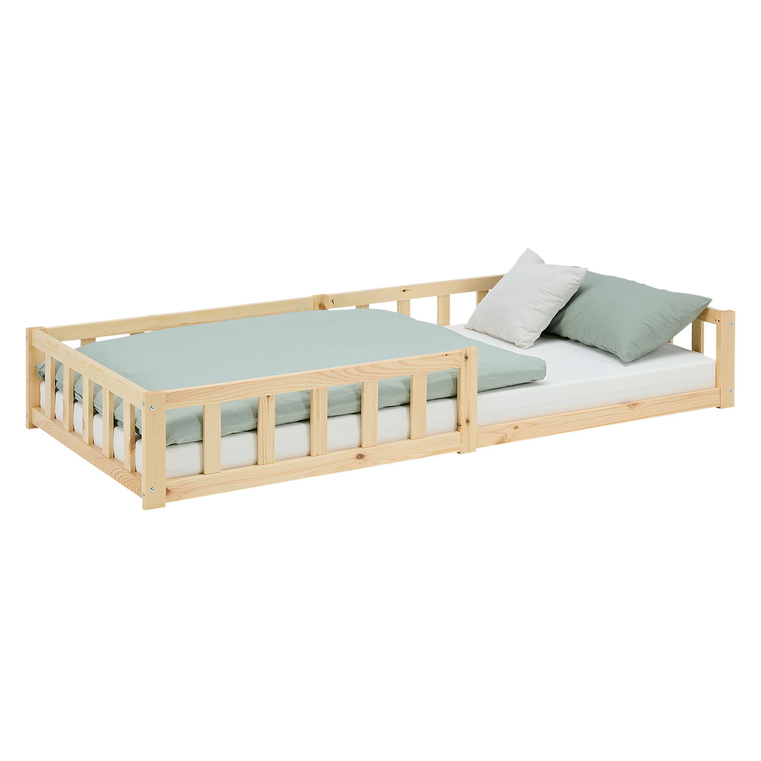 Children's Bed 90x200 Natural | Floor Bed with Mattress & Slatted Frame | with Fall Protection | Montessori