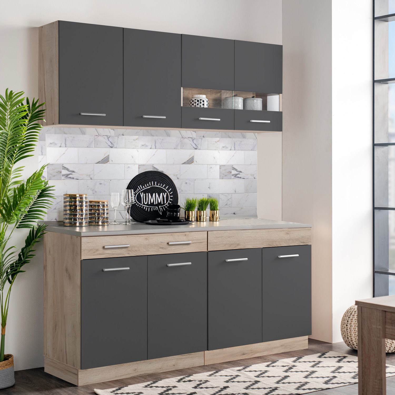 Moderne Küche Eiche Grau Küchenzeile ohne Geräte Einbauküche Singleküche Küchenschränke 80 cm