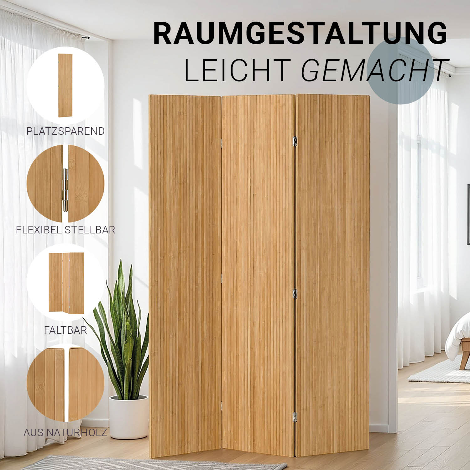 Paravent Natural Bamboo Slats | 3-panel | Wood | Room Divider Partition Privacy Screen