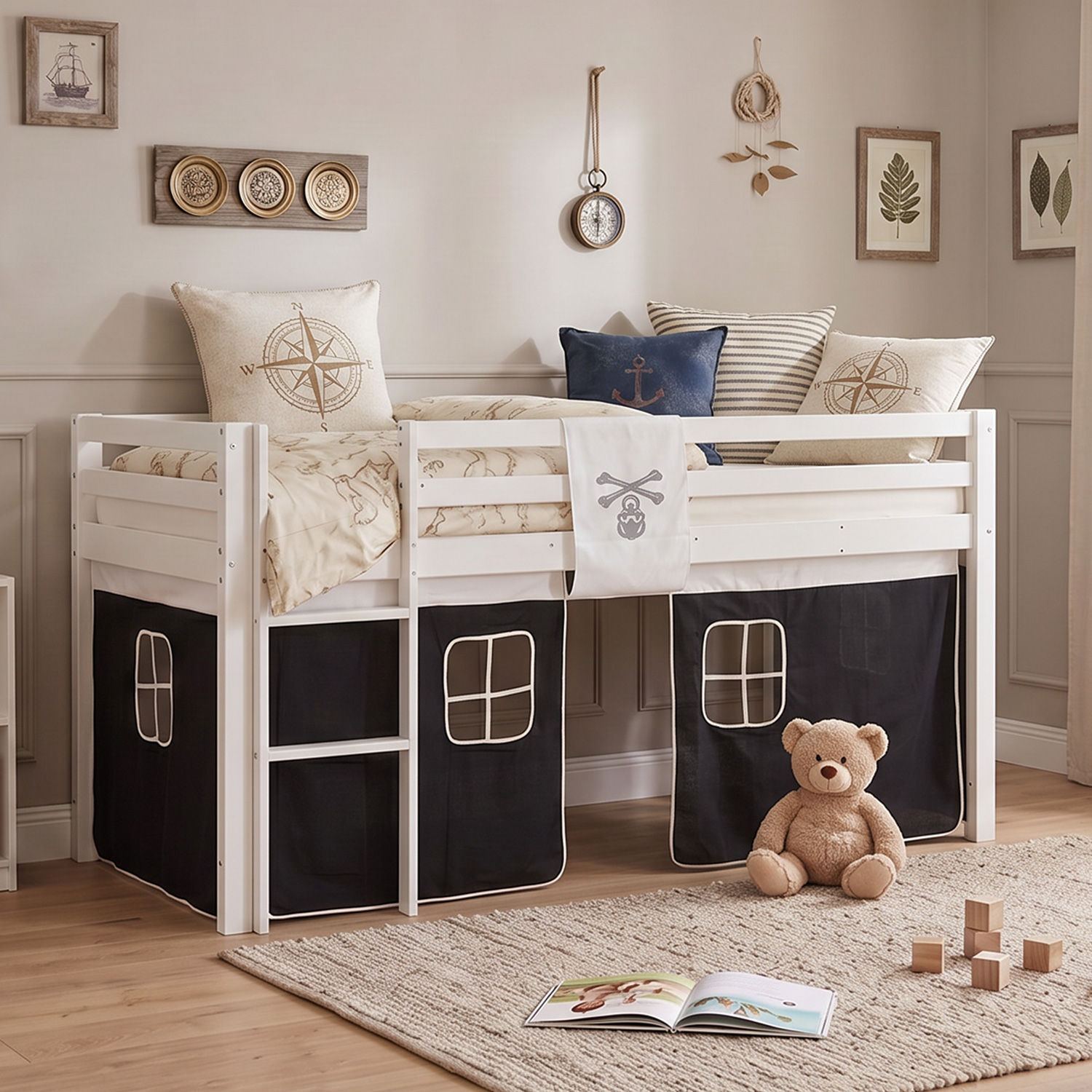Children's loft bed, 90x200 cm, white with black curtain | includes slatted base
