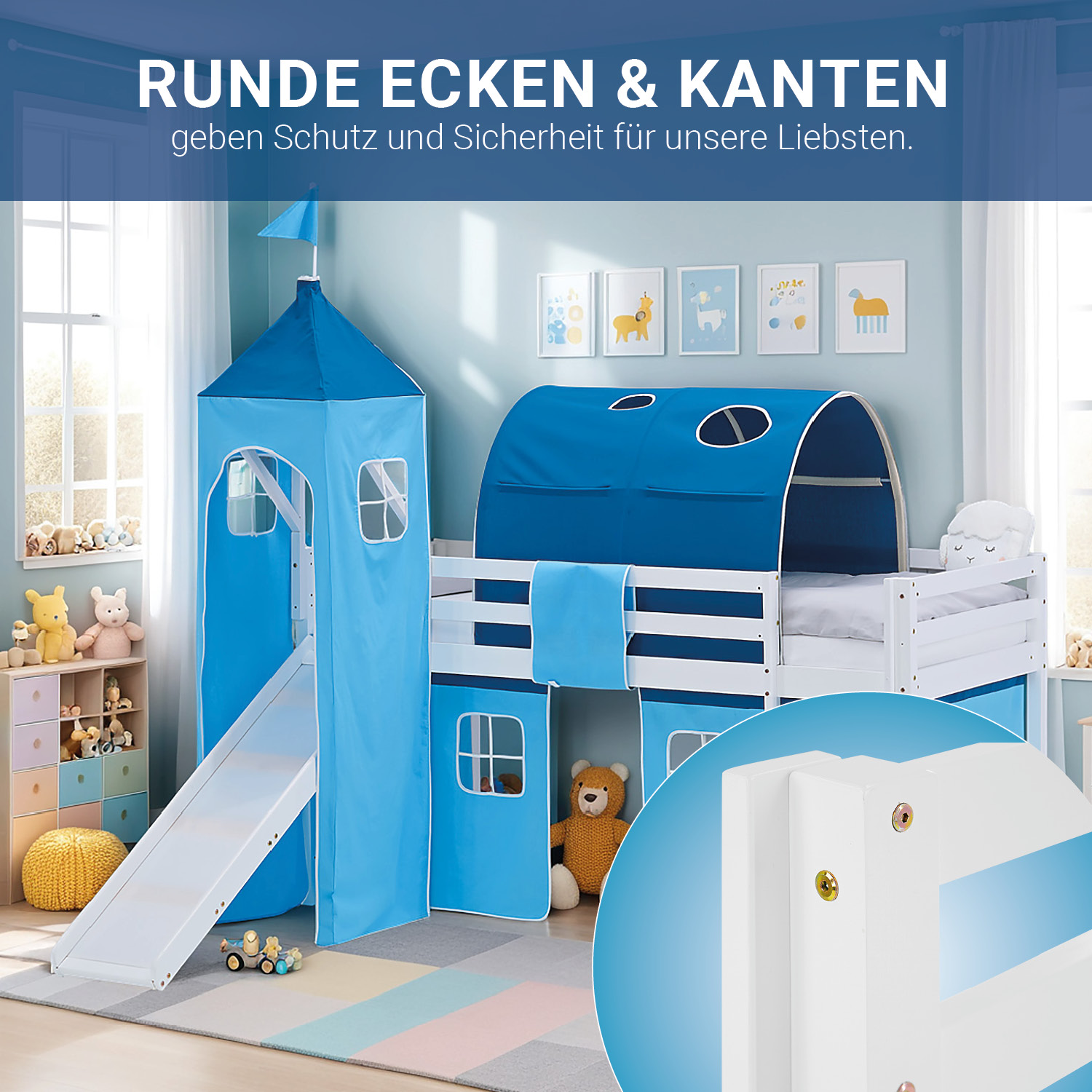 Loft Bed for Kids 90x200 cm White with Curtain in Blue | Slide | Tower | Tunnel | with Slatted Frame and Mattress