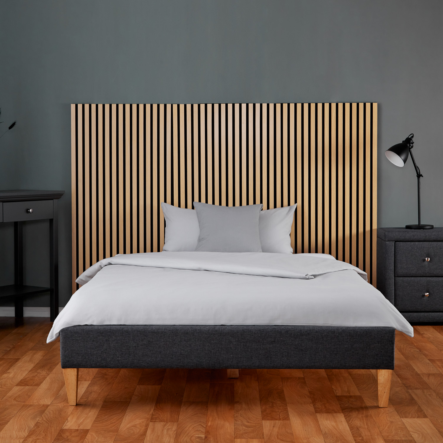Upholstered bed 140x200 cm grey | futon bed | with slatted frame | with mattress | double fabric bed frame